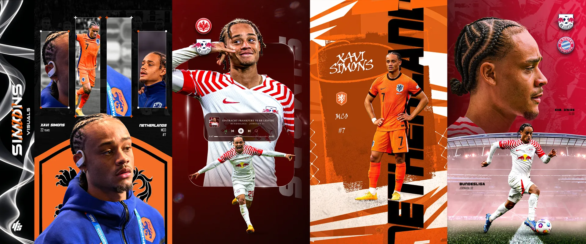 Cuatro diseños verticales sobre Xavi Simons con los colores de Países Bajos y del RB Leipzig.