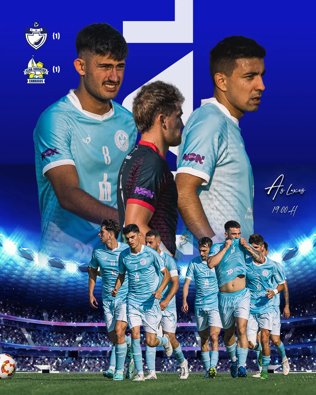 Diseño gráfica para CD Beluso: jugadores del equipo en celebración sobre fondo de estadio en azul.