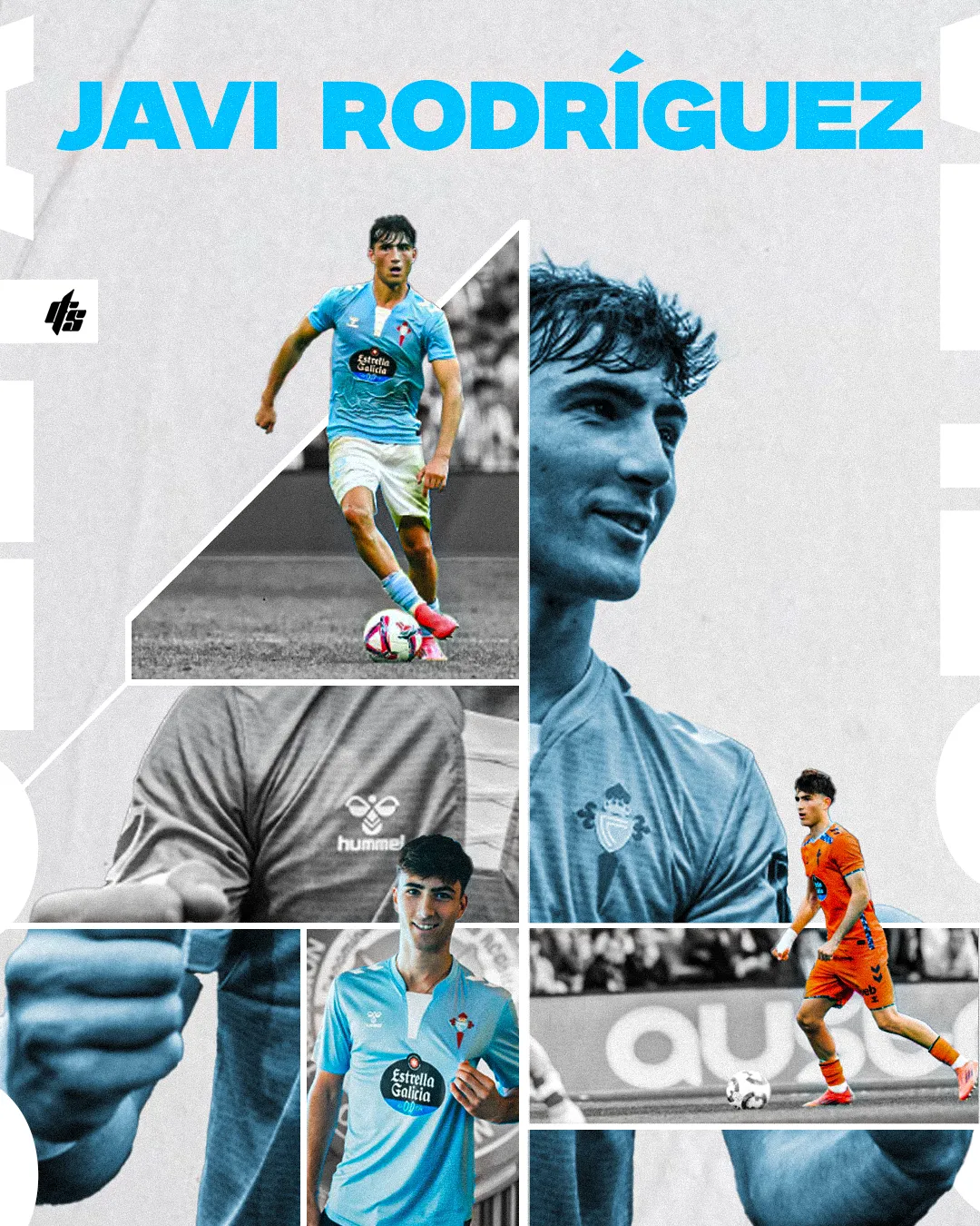 Composición en azul celeste sobre Javi Rodríguez con recortes fotográficos.