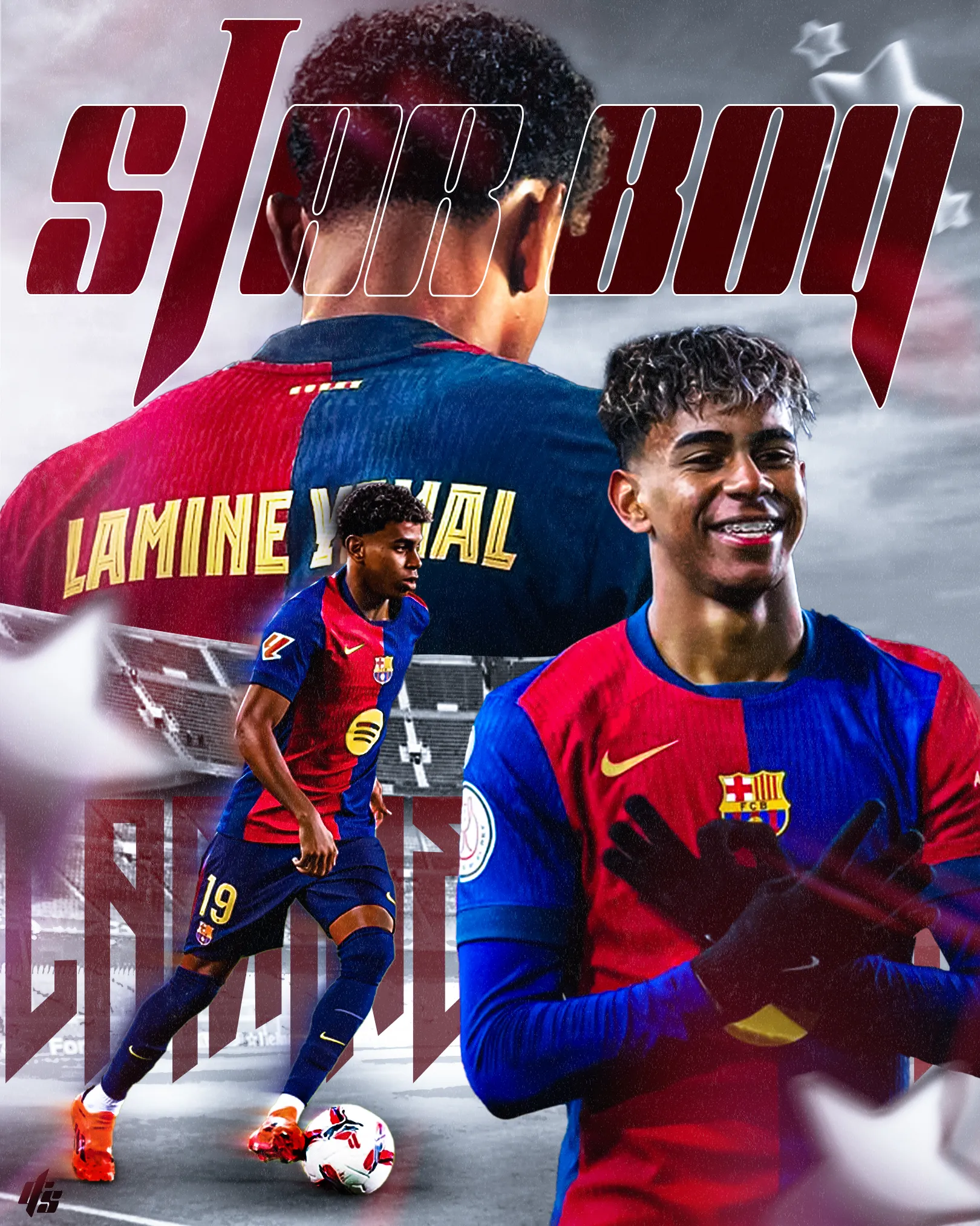 Diseño sobre Lamine Yamal con la camiseta del FC Barcelona y rotulación en rojo.