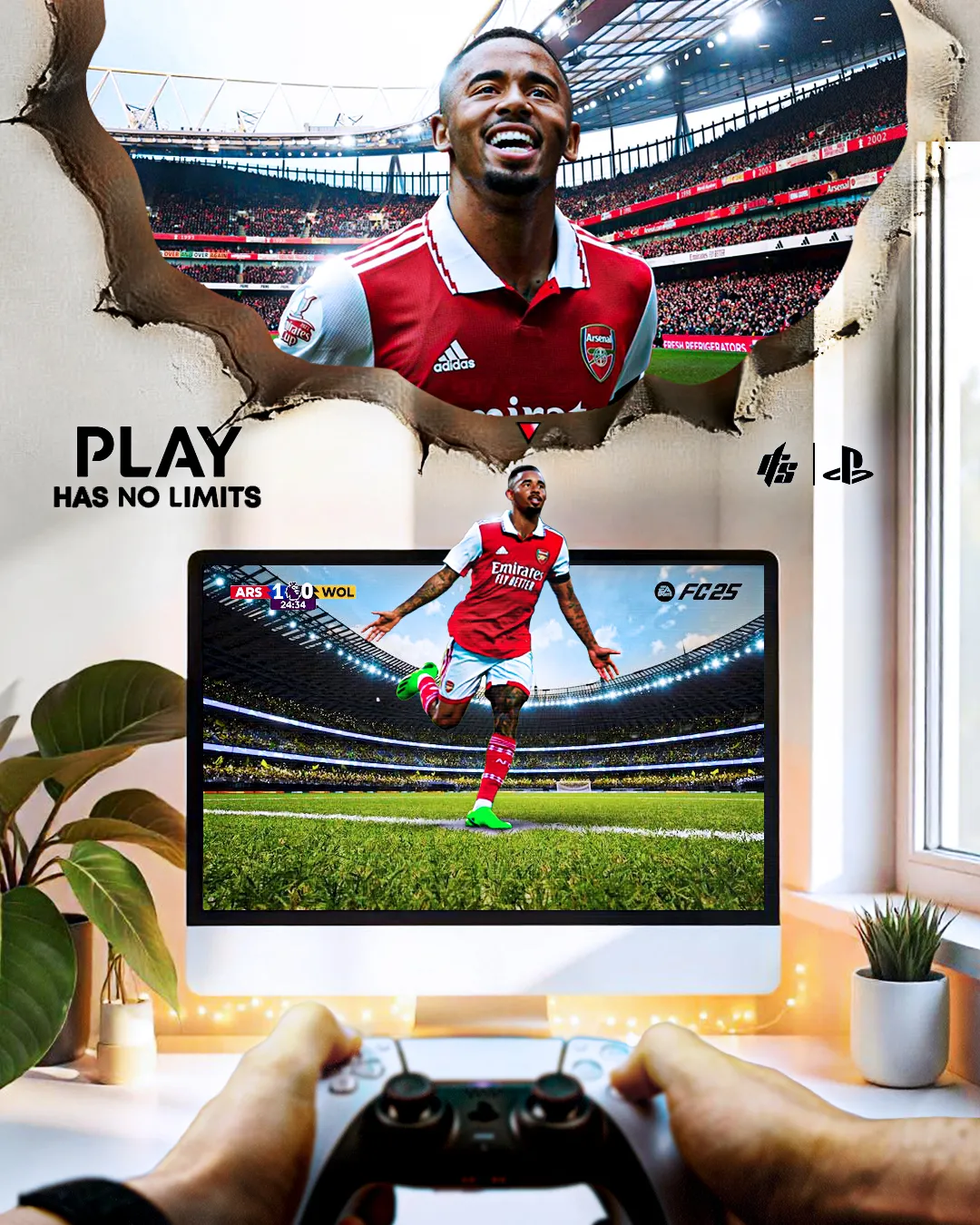 Jugador del Arsenal saliendo de una pantalla de videojuego, con un mando en primer plano.