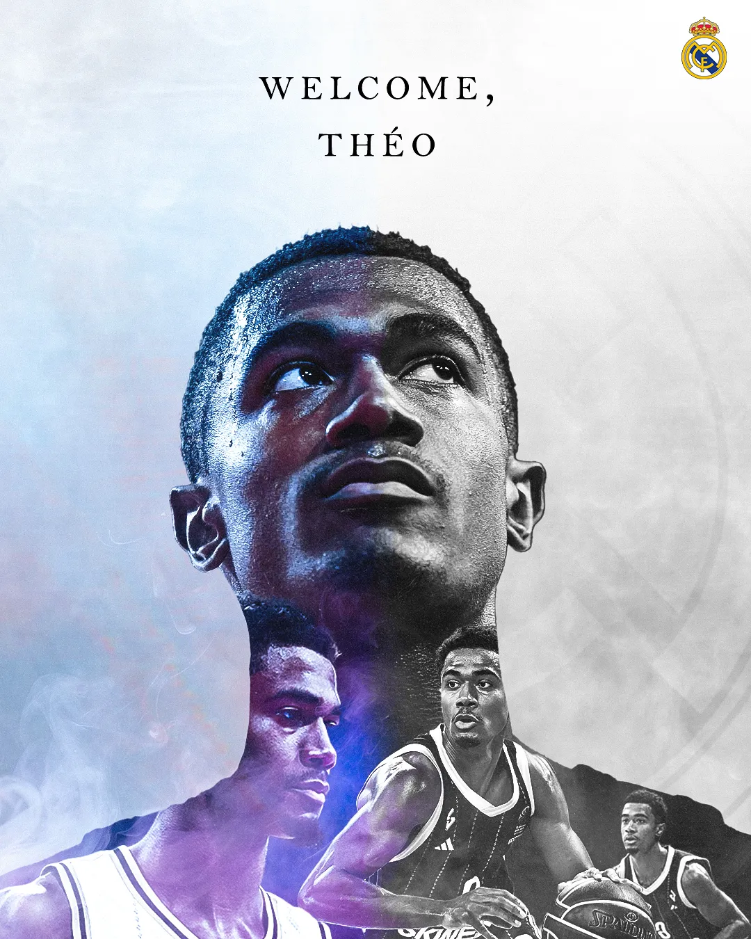 Diseño de bienvenida en blanco y negro con retrato de un jugador y tipografía serif.