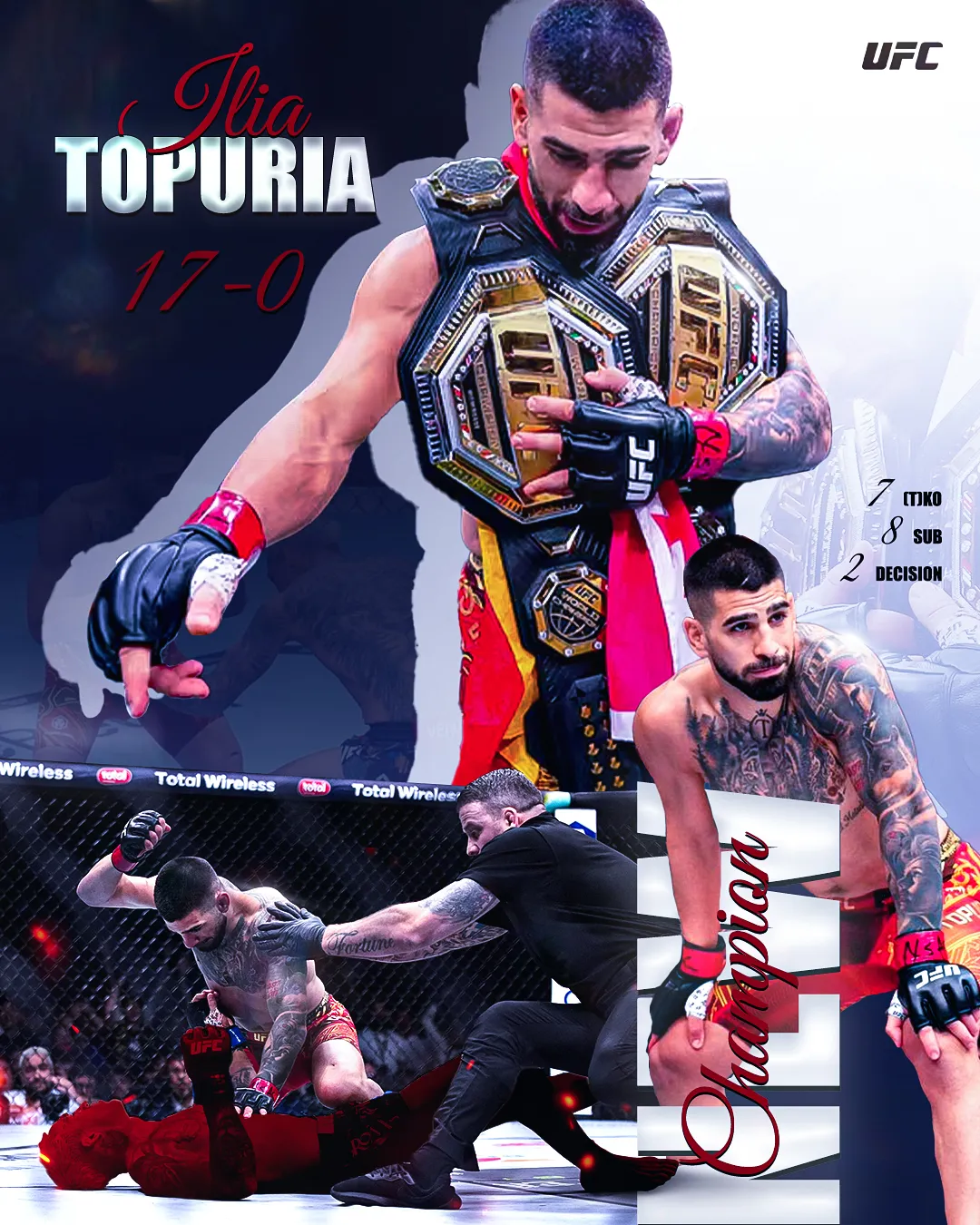 Diseño sobre Ilia Topuria con el cinturón de campeón de UFC.