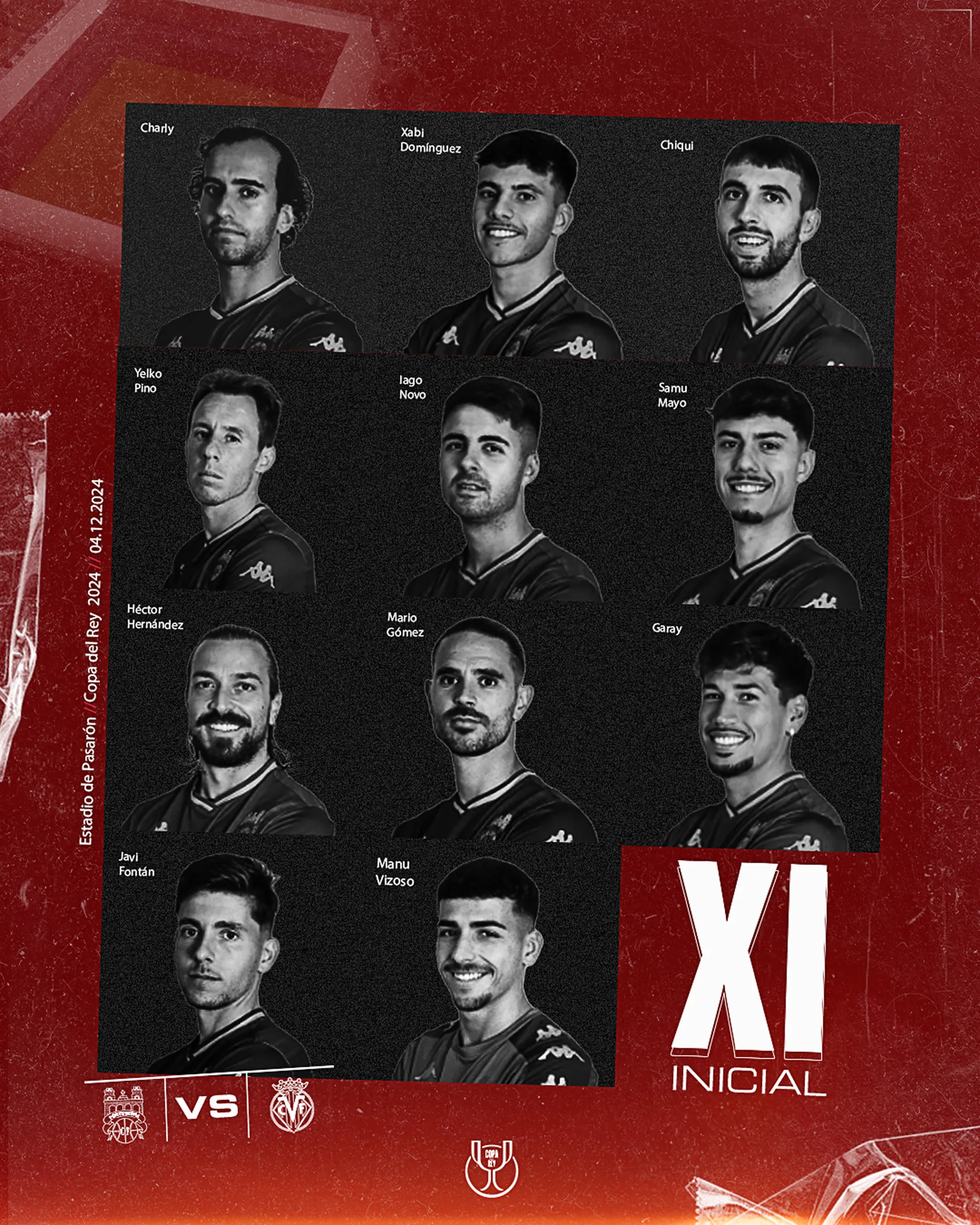 Once inicial en retratos en blanco y negro sobre fondo rojo oscuro.