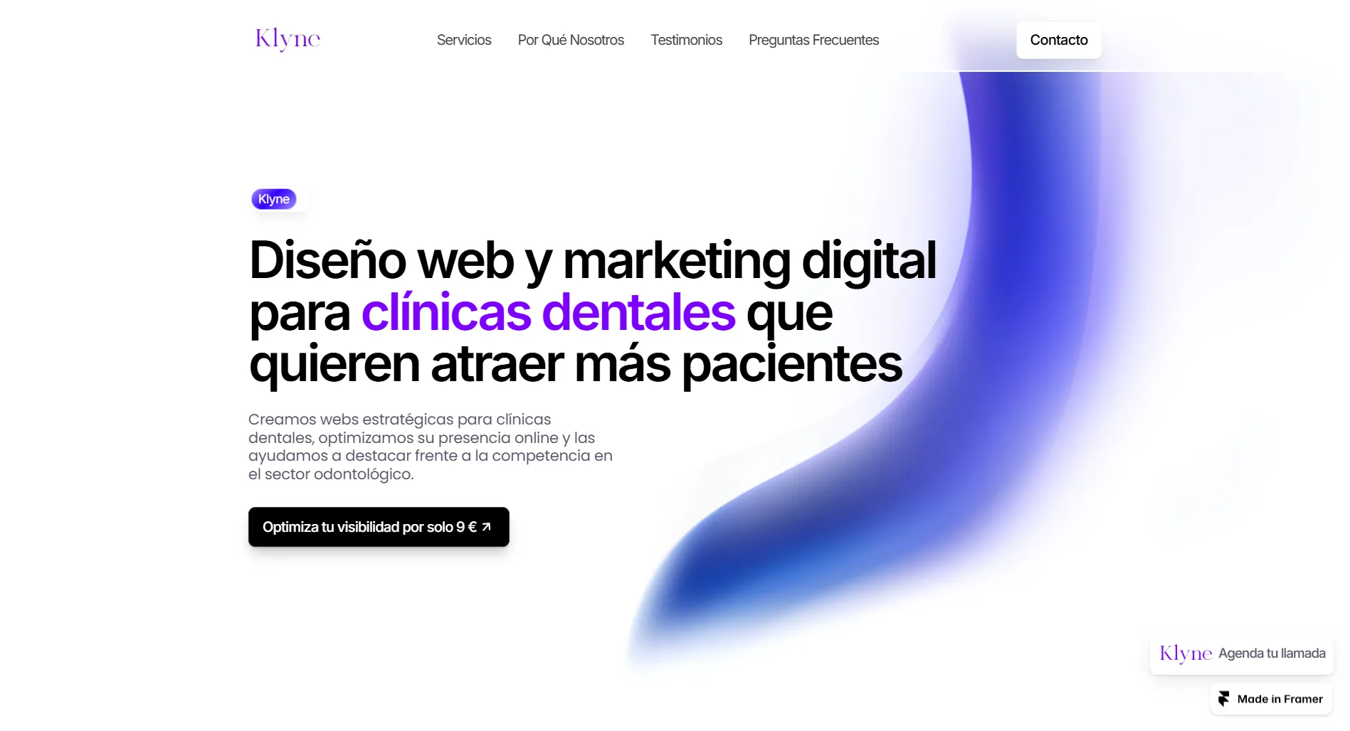 Portada de la web de Klyne Studio: «Diseño web y marketing digital para clínicas dentales que quieren atraer más pacientes».